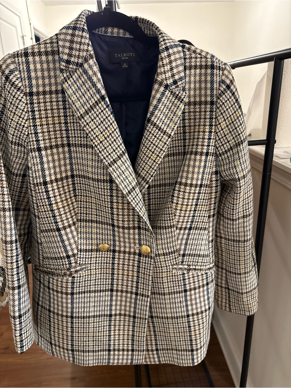 Talbots Cream and Navy Plaid Double-Button Blazer
